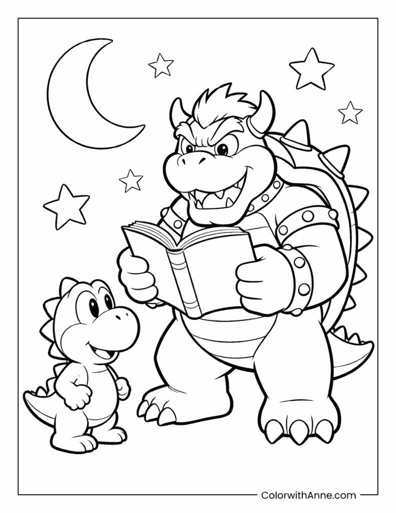 Bowser Reading a Book with a Baby Dinosaur Coloring Page