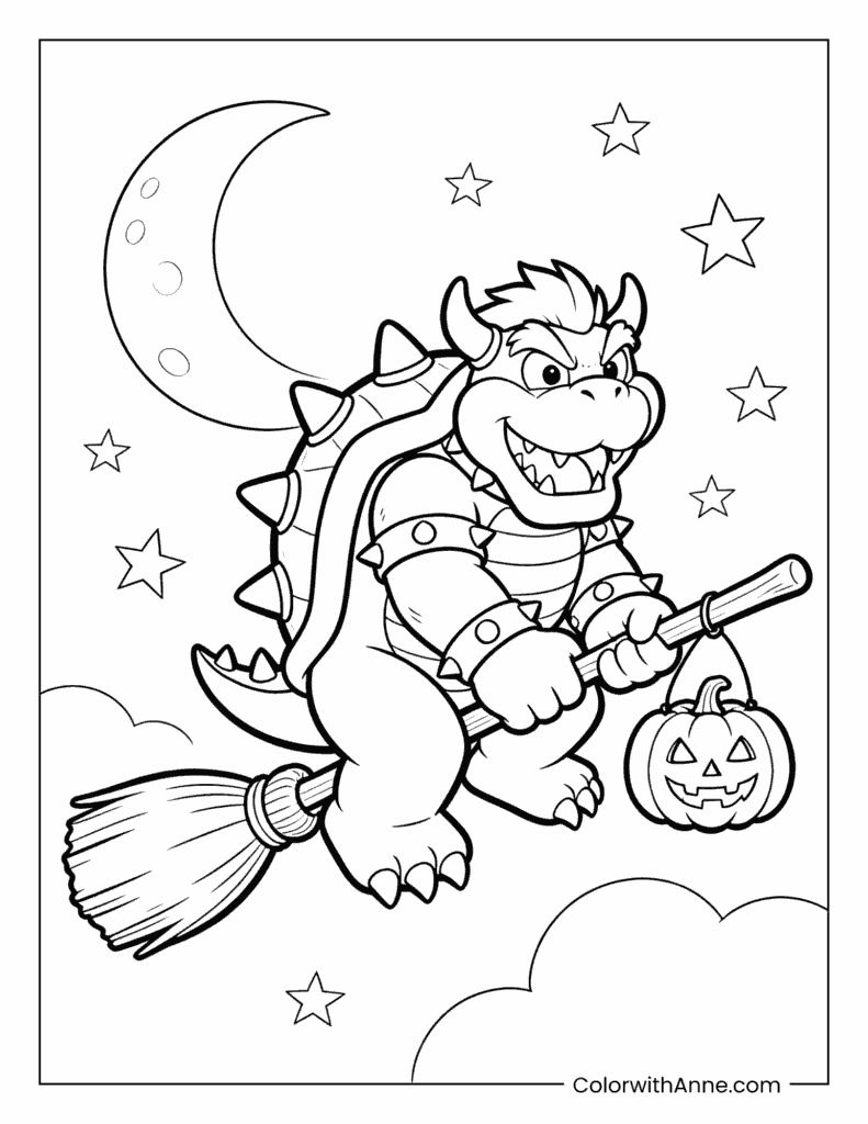 Bowser Riding a Broom with a Pumpkin Basket Coloring Page