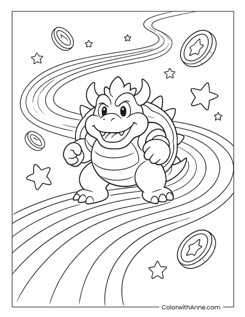 Bowser Running on a Rainbow Coin Path Coloring Page
