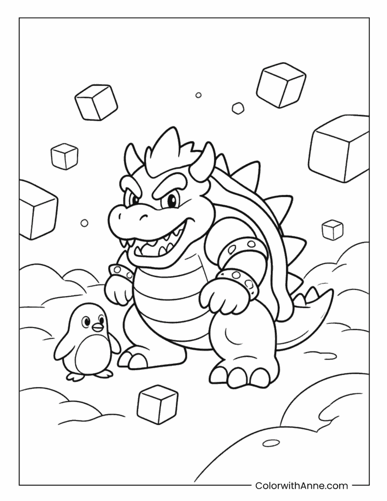 Bowser and Baby Penguin Coloring Page