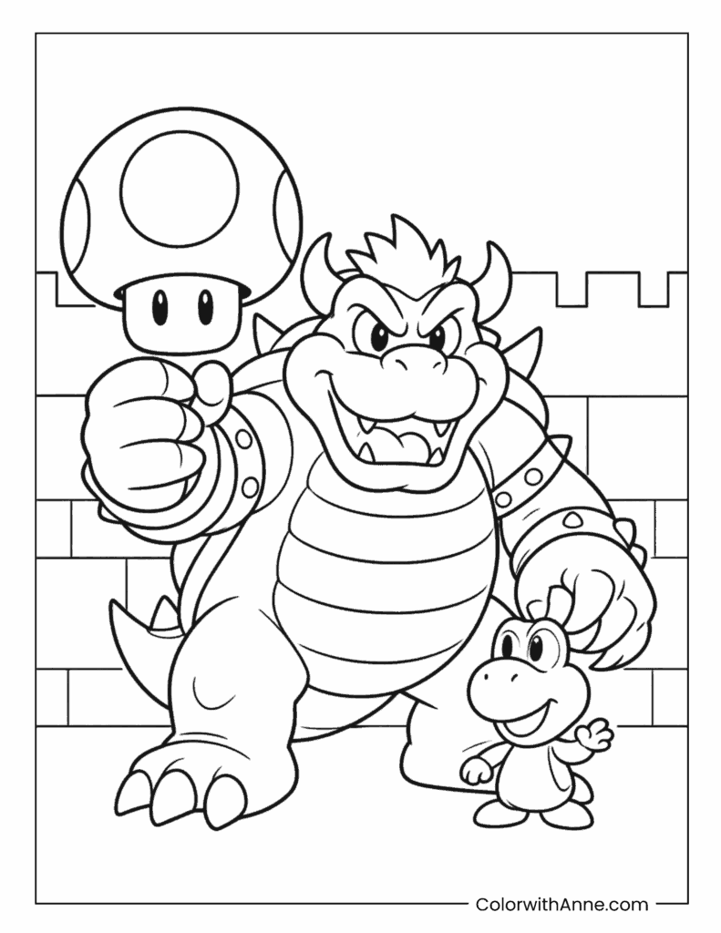Bowser and Yoshi with Toad Coloring Page