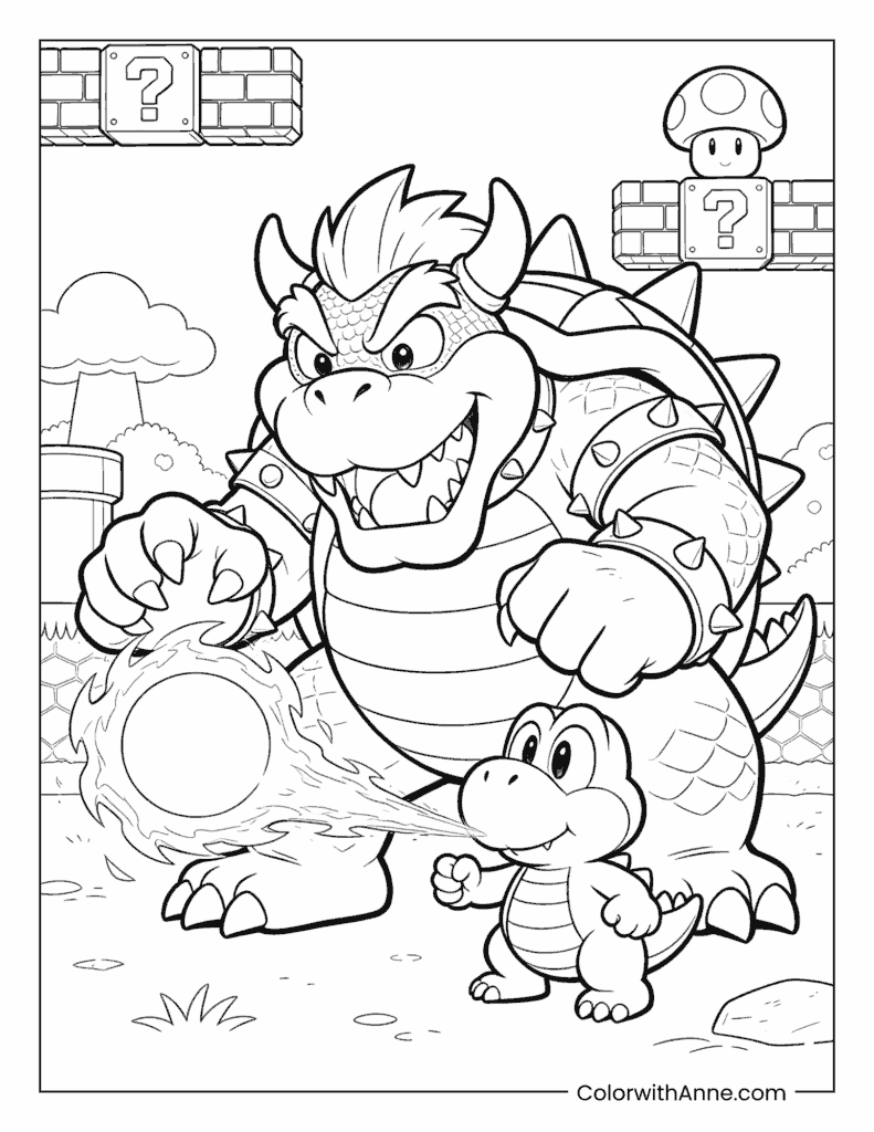 Bowser and Yoshi with a Fireball Coloring Page