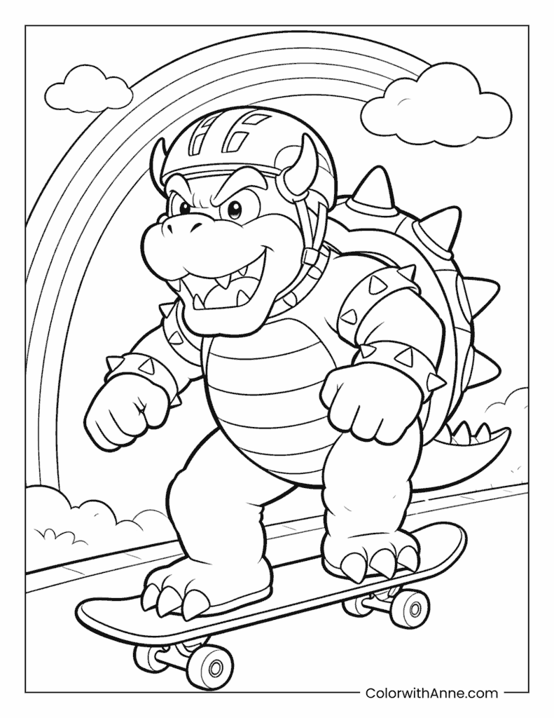 Bowser on a Rainbow Skateboard Coloring Page