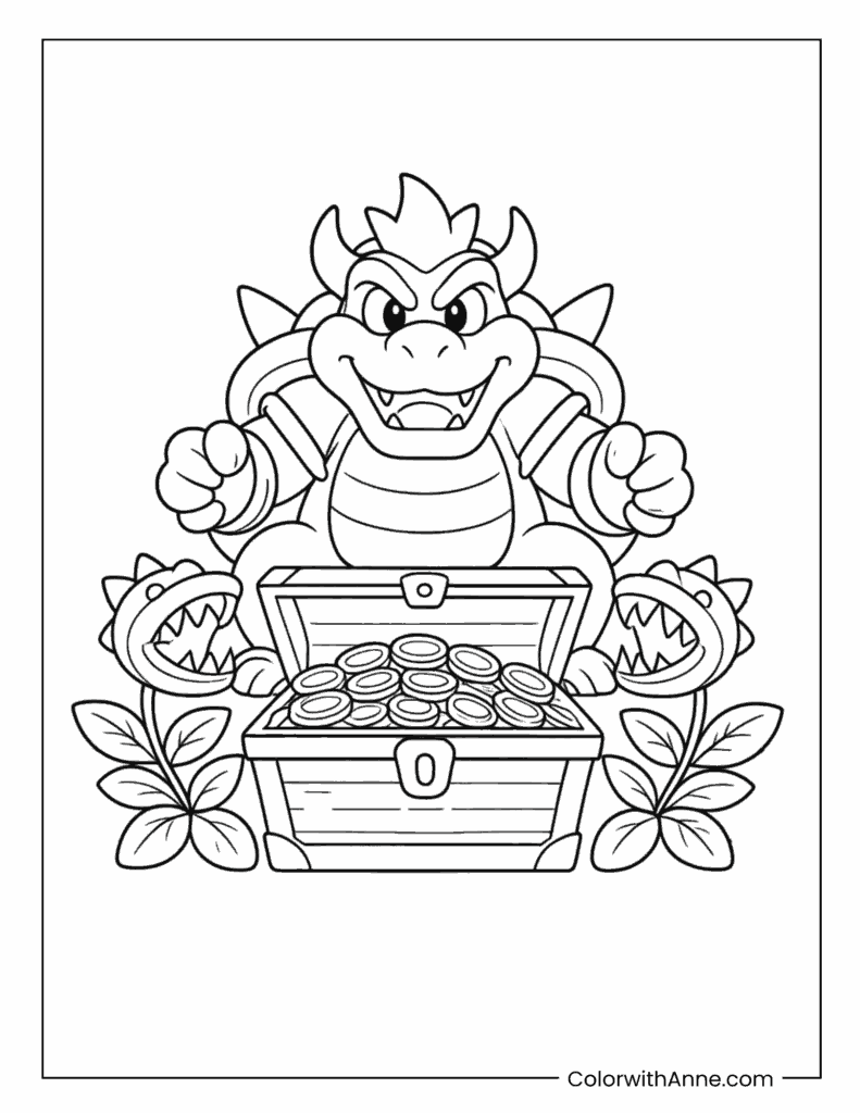 Bowser with Treasure Chest and Piranha Plants Coloring Page