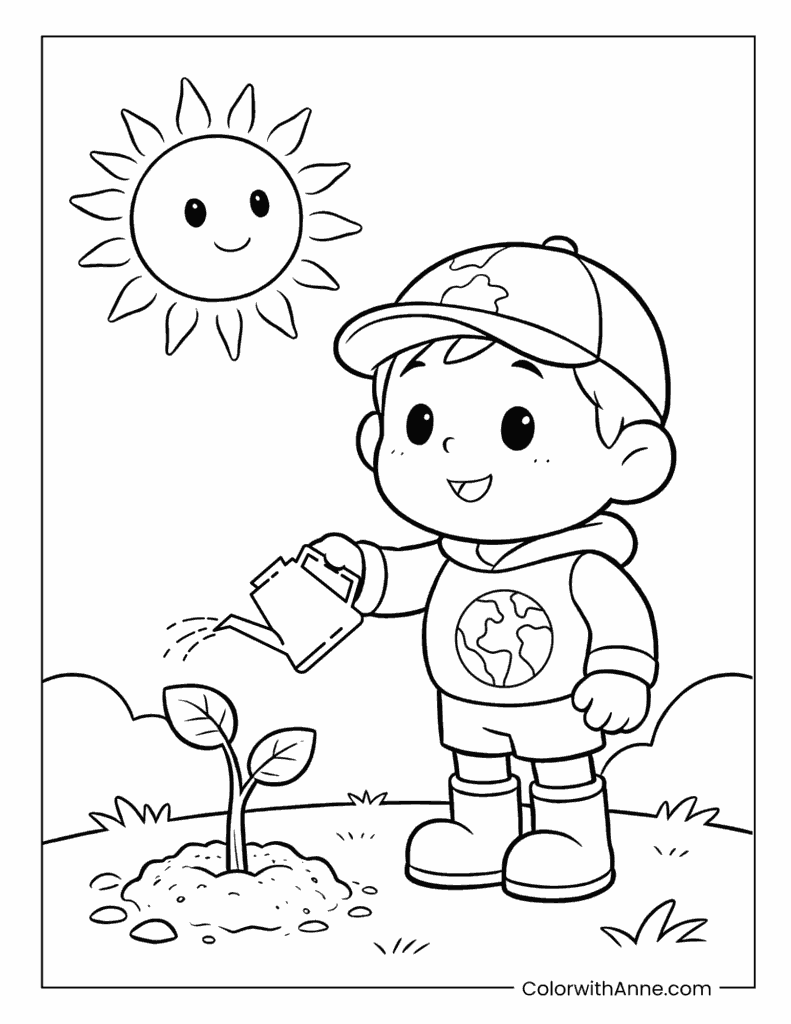 Boy Watering Earth Day Plant Earth Day Coloring Page