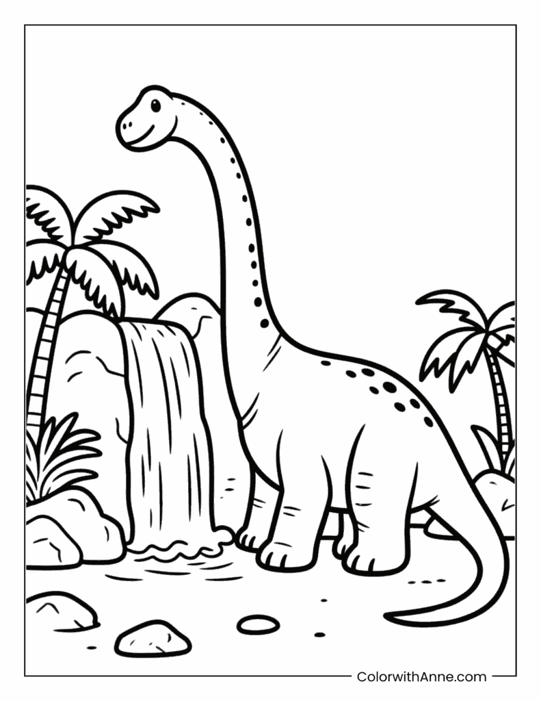 Brachiosaurus Beside a Waterfall Coloring Page