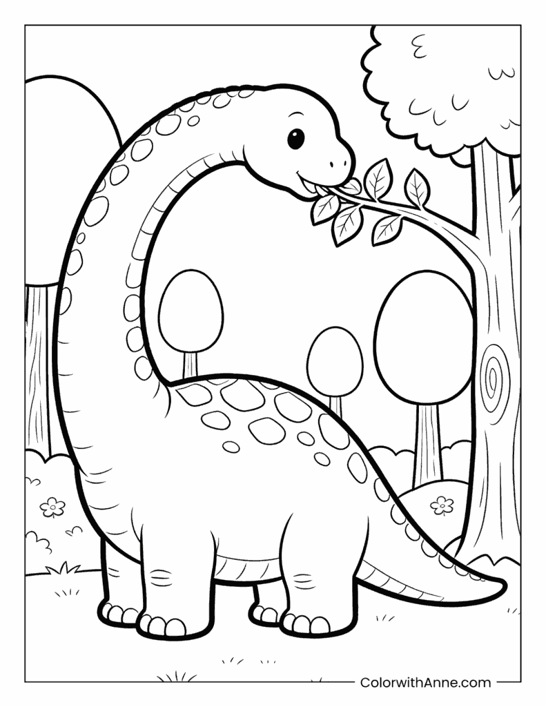 Brachiosaurus Eating Leaves from a Tree Coloring Page