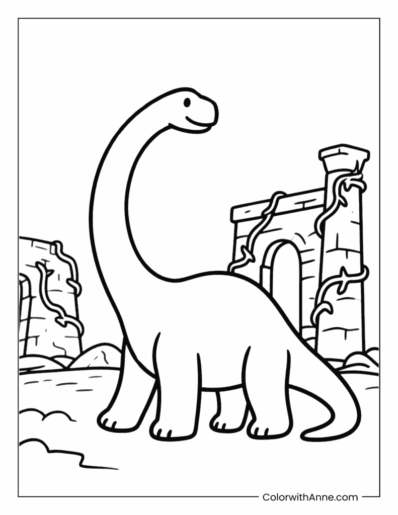 Brachiosaurus Exploring Ancient Ruins Coloring Page
