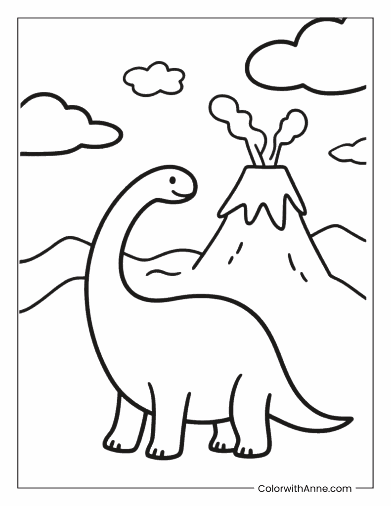 Brachiosaurus Under Volcano Sky Coloring Page