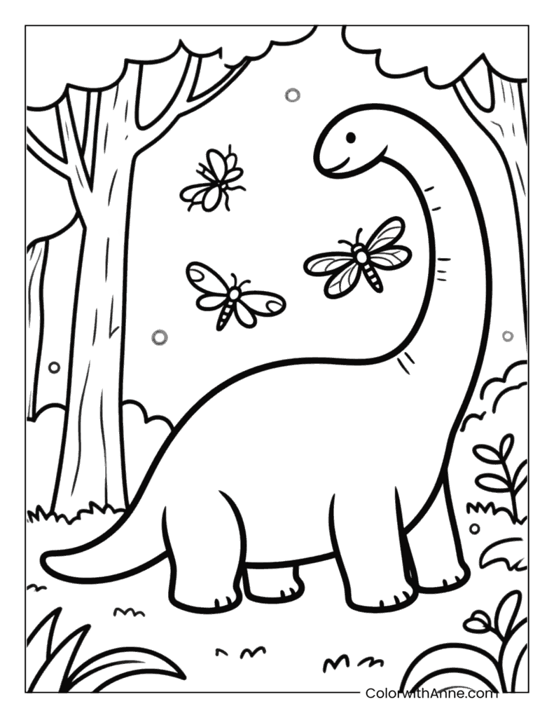 Brachiosaurus and Dragonfly Friends Coloring Page