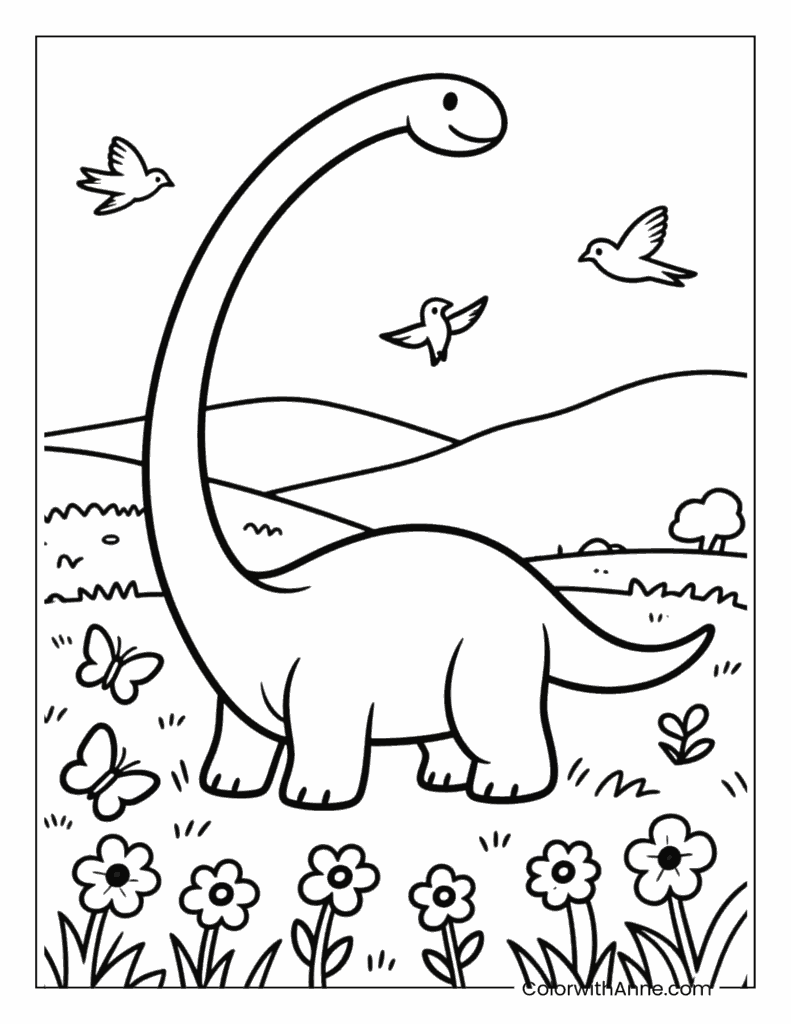 Brachiosaurus in Flower Field Coloring Page