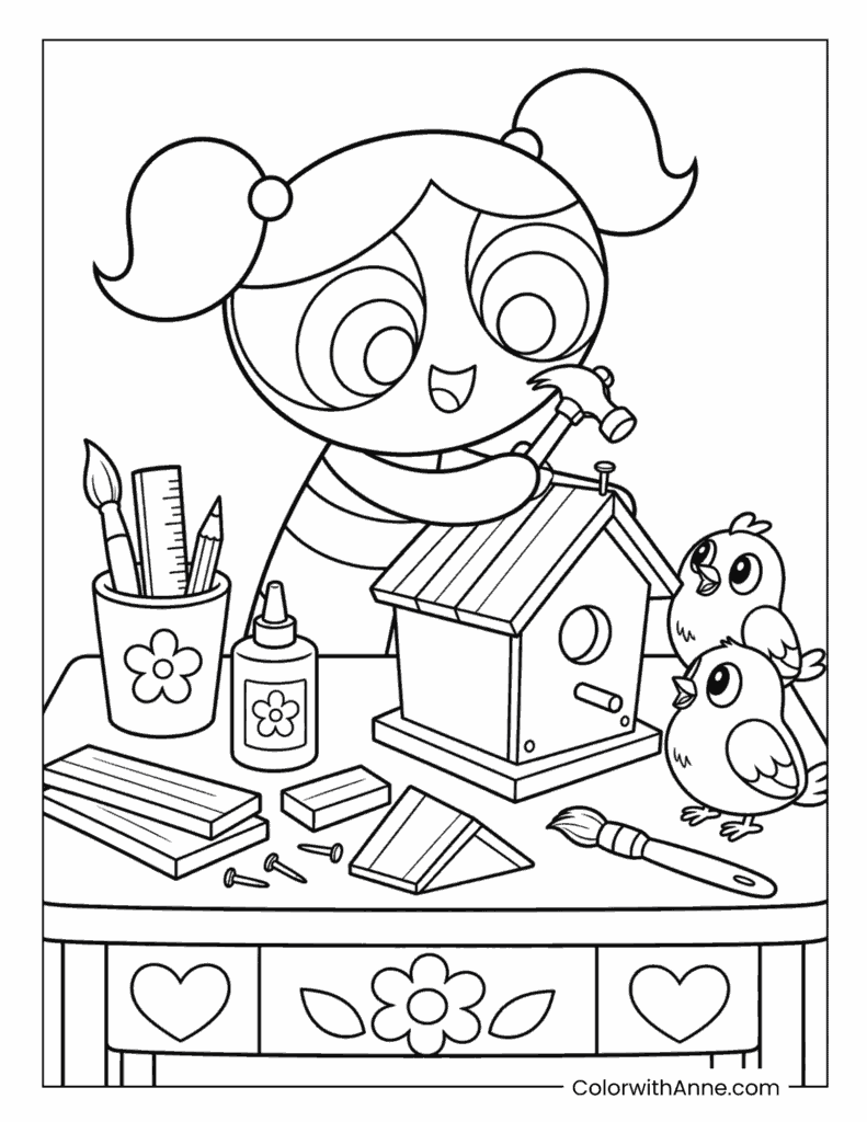 Bubbles Building a Birdhouse for Two Little Birds Coloring Page