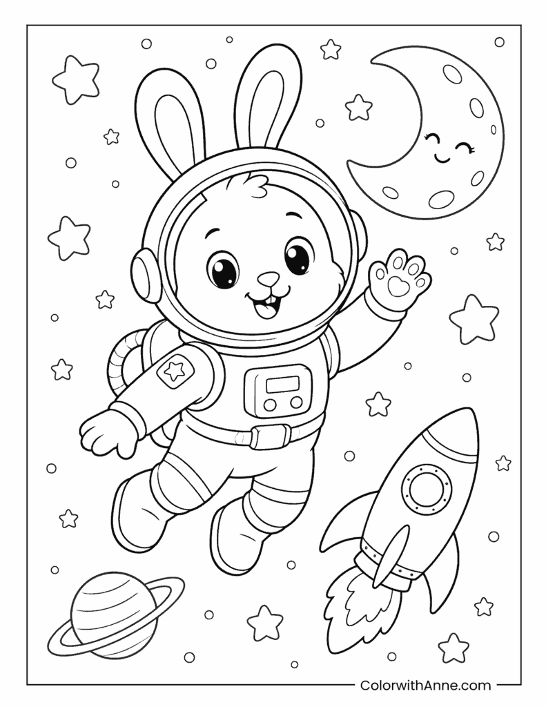 Bunny Astronaut in Space Coloring Page