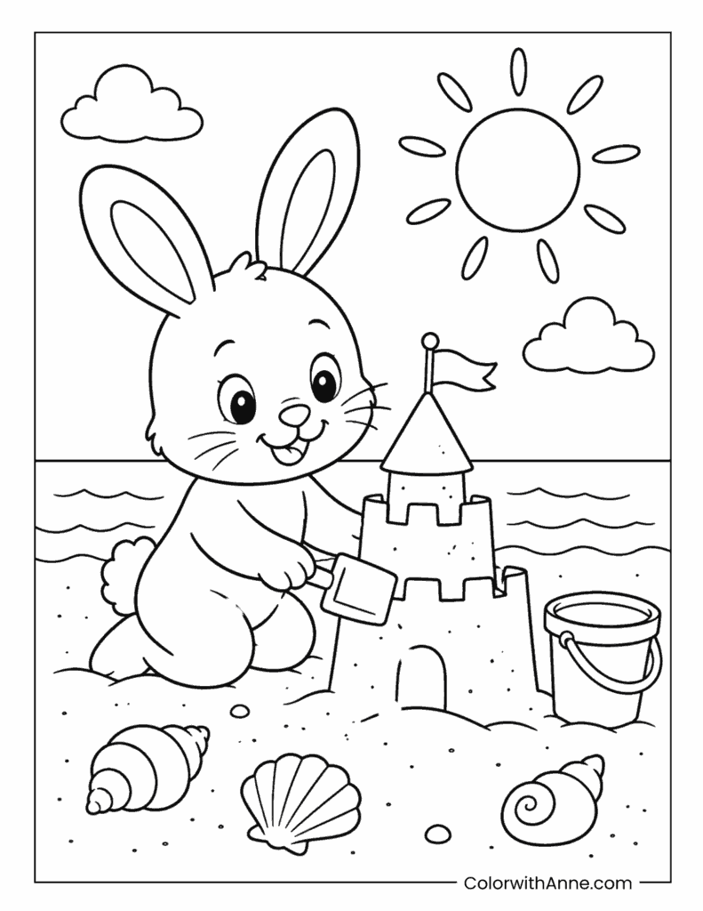 Bunny Building a Sandcastle Coloring Page