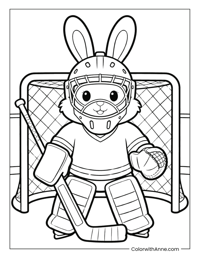 Bunny Hockey Goalie with Net Coloring Page