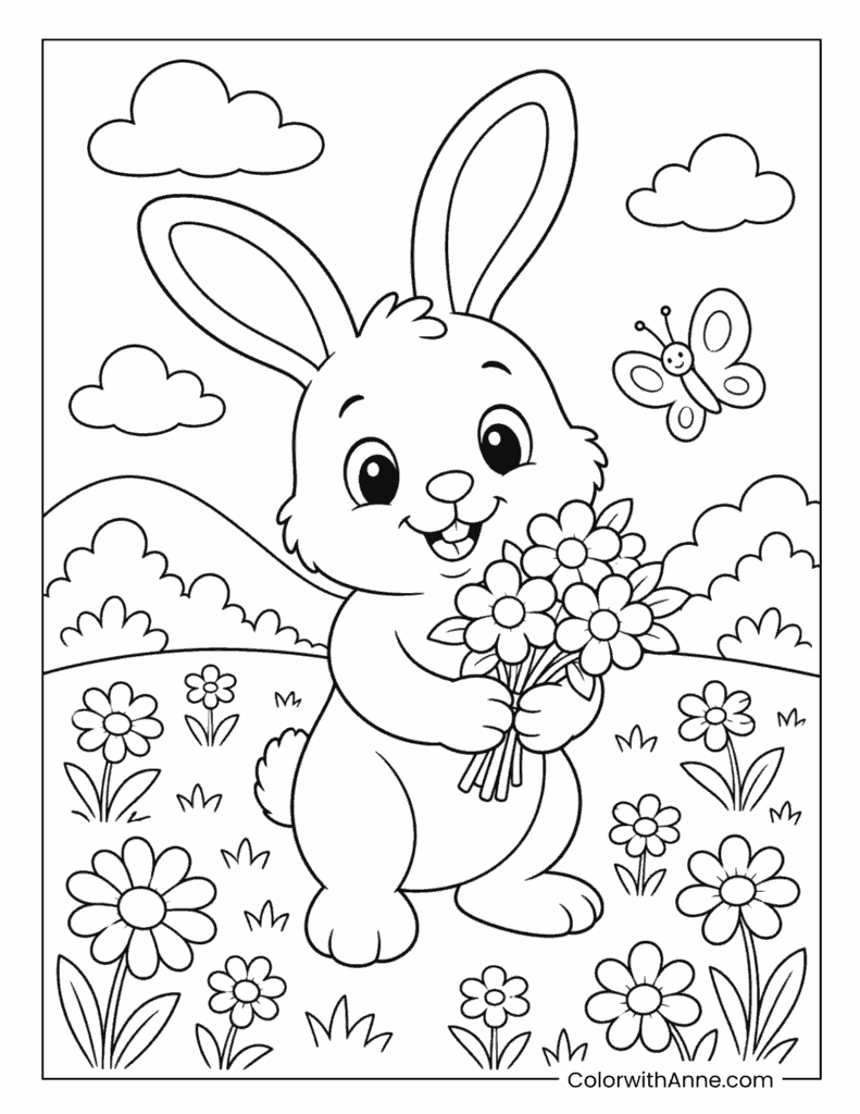 Bunny Holding Spring Flowers Coloring Page