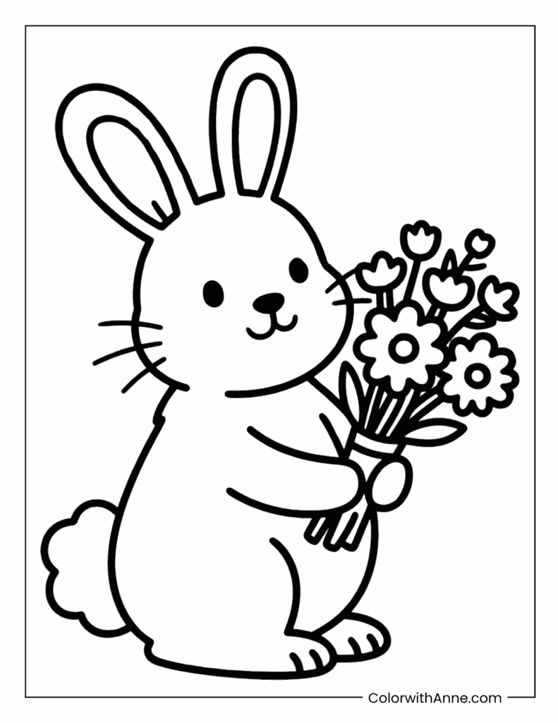 Bunny Holding a Bundle of Flowers Coloring Page