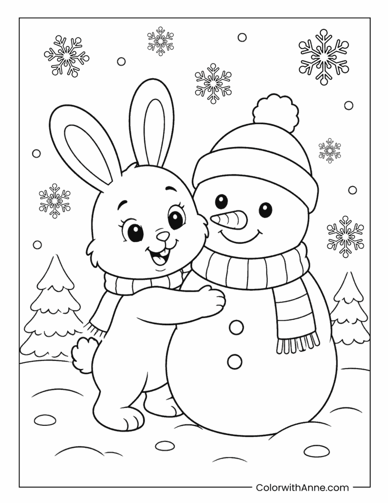 Bunny Hugging a Winter Snowman Coloring Page