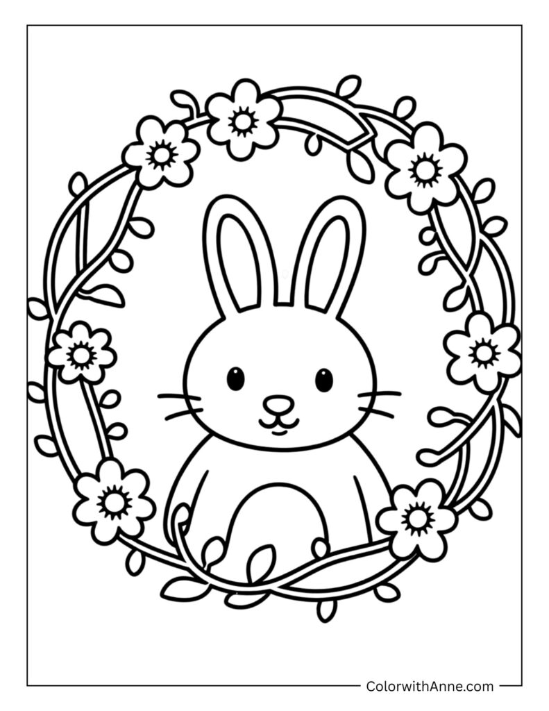 Bunny Inside a Wreath of Flowers Coloring Page