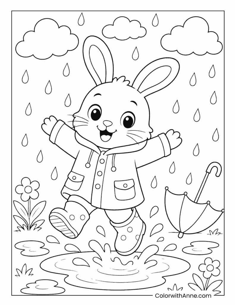 Bunny Jumping in the Rain Coloring Page