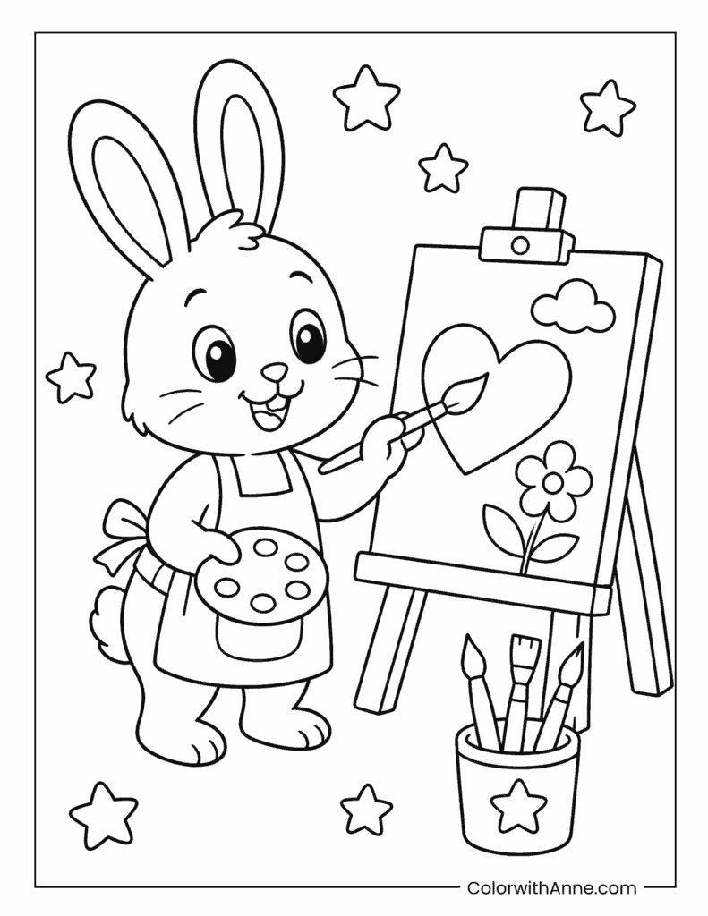 Bunny Painting at the Easel Coloring Page