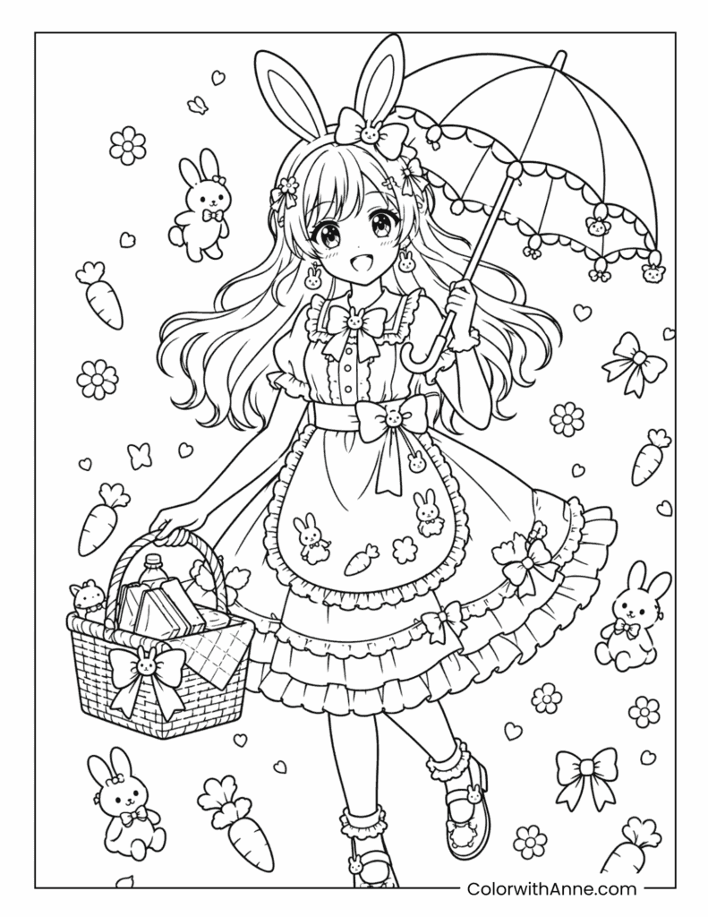 Bunny Picnic Anime Girl Coloring Page