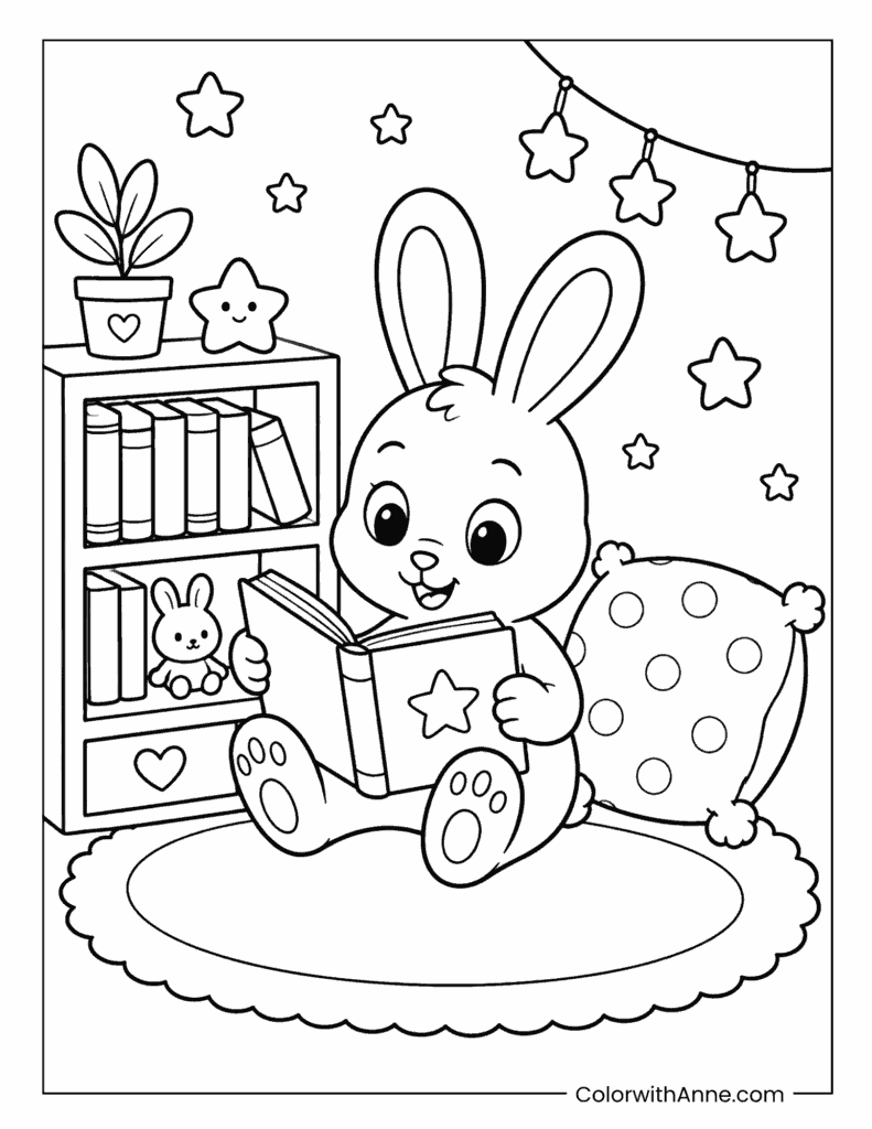 Bunny Reading a Book Coloring Page