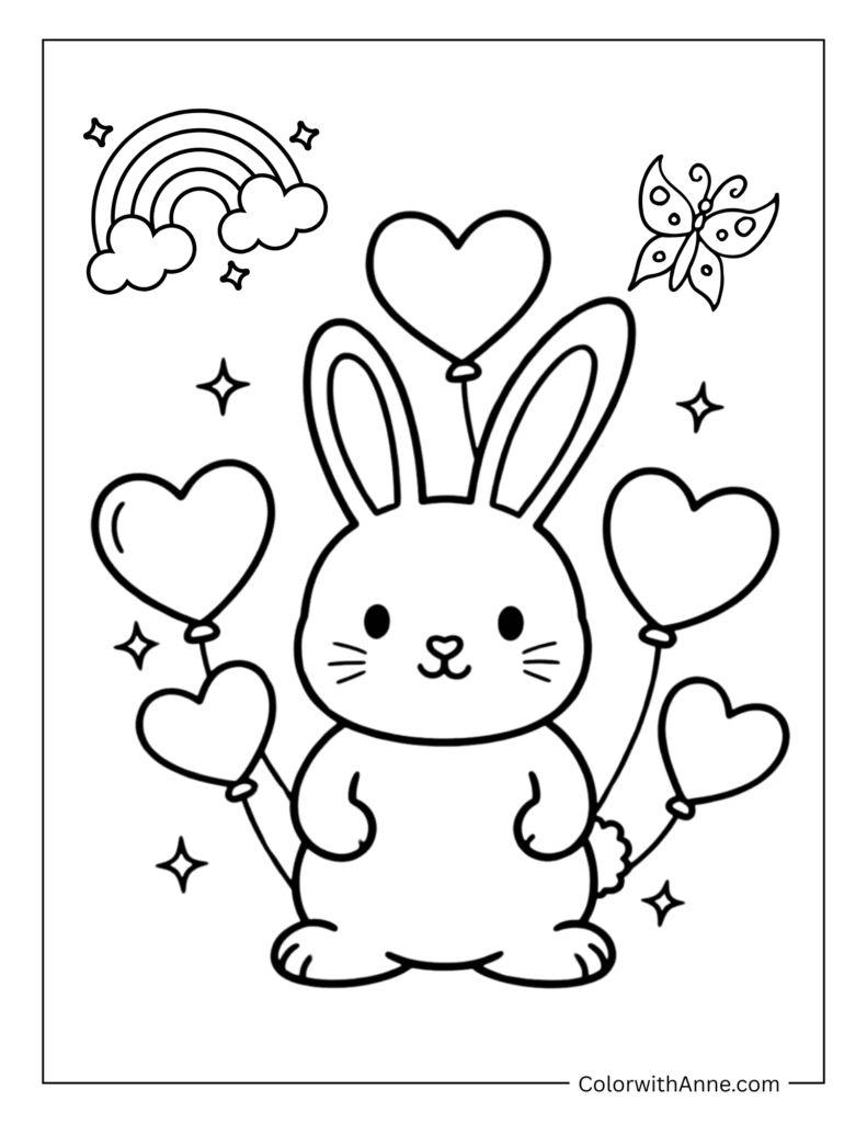 Bunny and Heart-Shaped Balloons Coloring Page