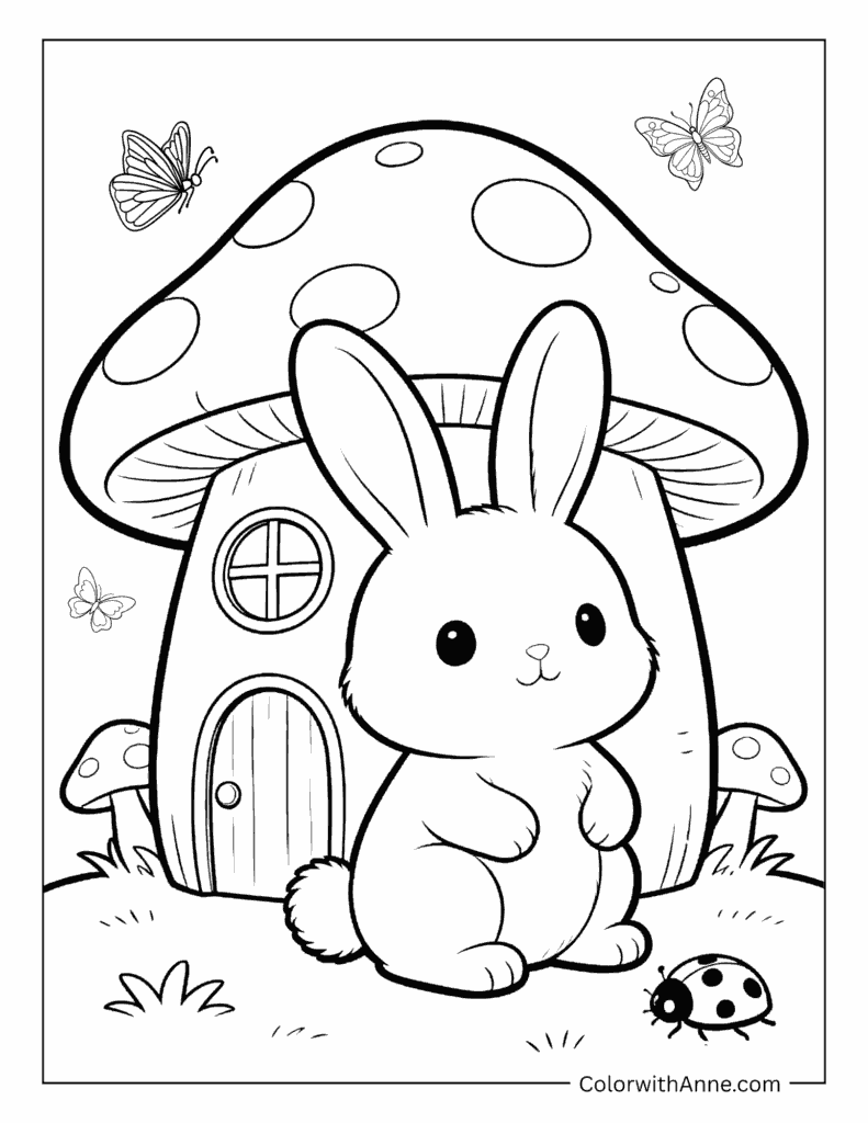 Bunny by a Mushroom House Coloring Page
