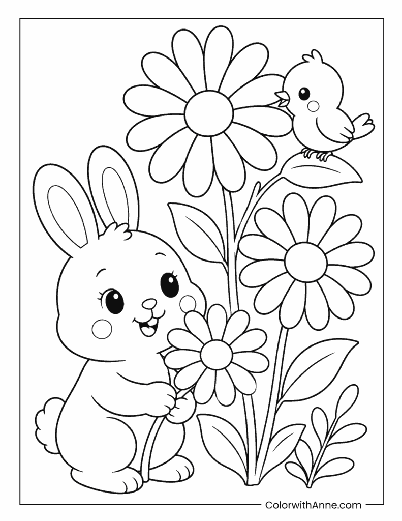 Bunny in a Daisy Garden Coloring Page