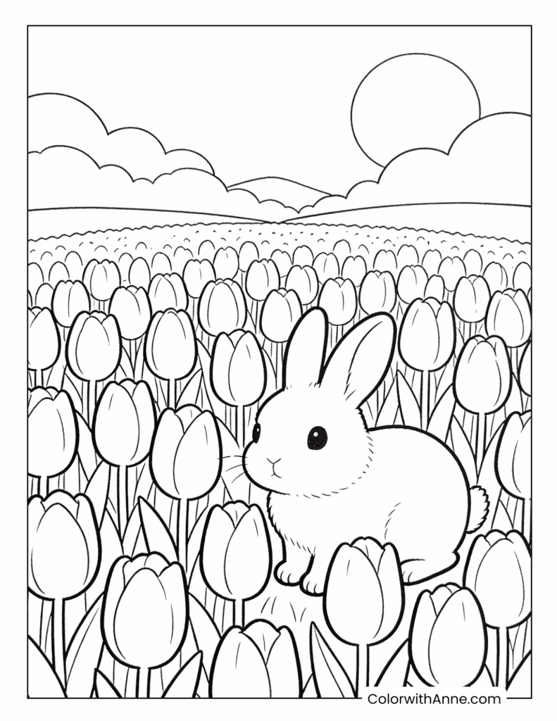 Bunny in a Tulip Meadow Coloring Page