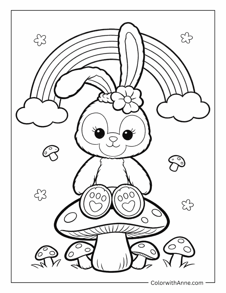 Bunny on a Mushroom Under a Rainbow Coloring Page
