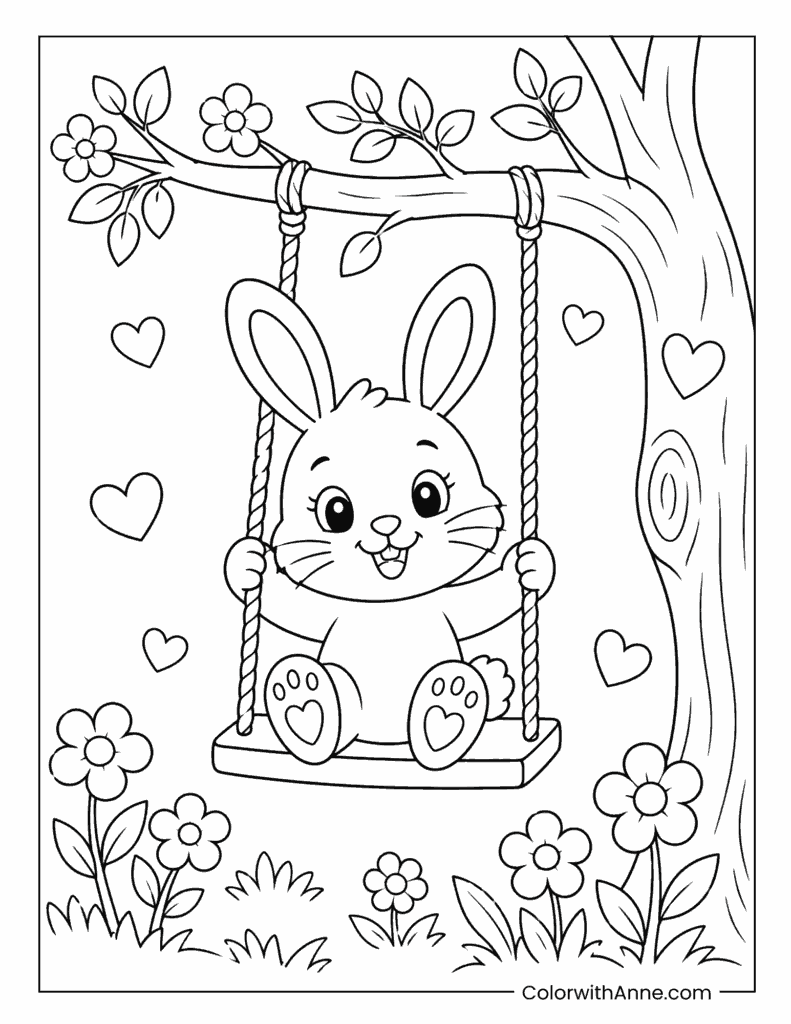 Bunny on a Tree Swing Coloring Page