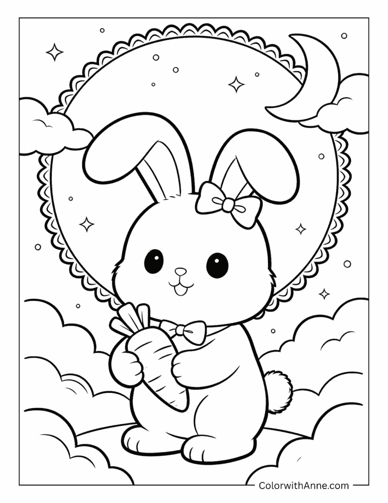 Bunny with Carrot Under a Starry Night Coloring Page