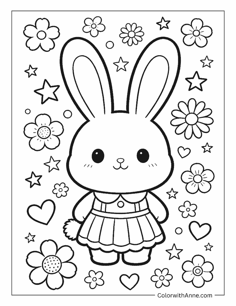 Bunny with Hearts and Stars Coloring Page