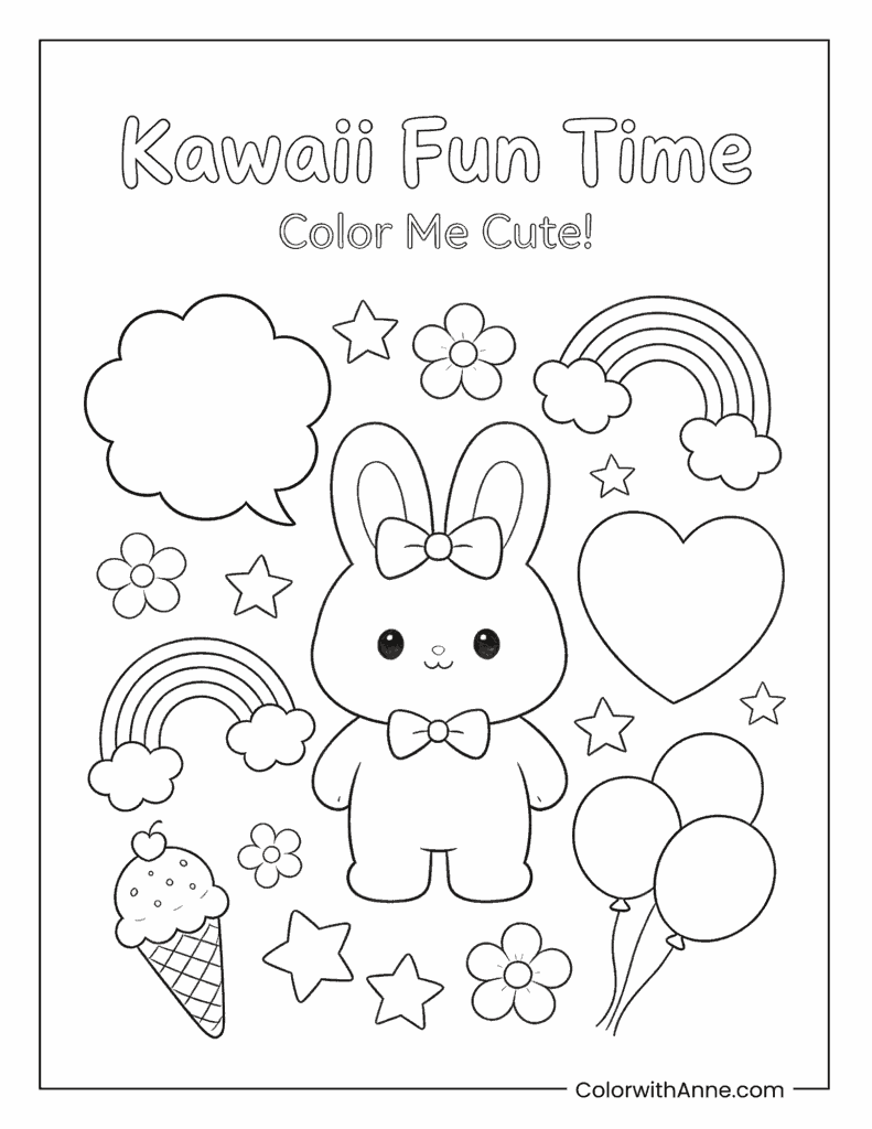 Bunny with Rainbows and Hearts Kawaii Coloring Page