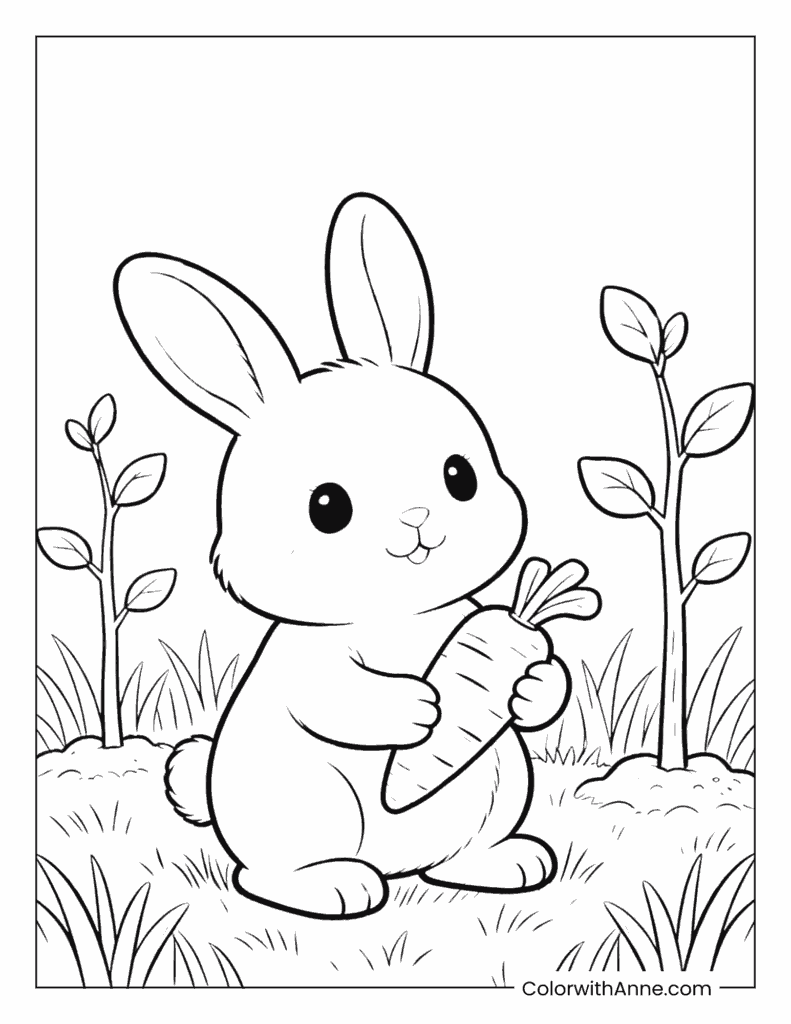 Bunny with a Giant Carrot March Coloring Page