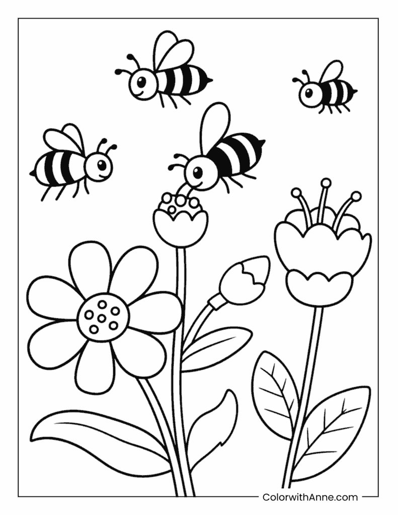 Busy Bees and Flowers Coloring Page