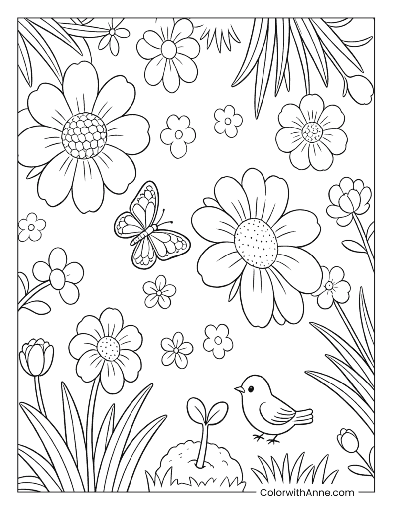 Busy Garden with Birds, Bees, and Butterflies Spring Coloring Page