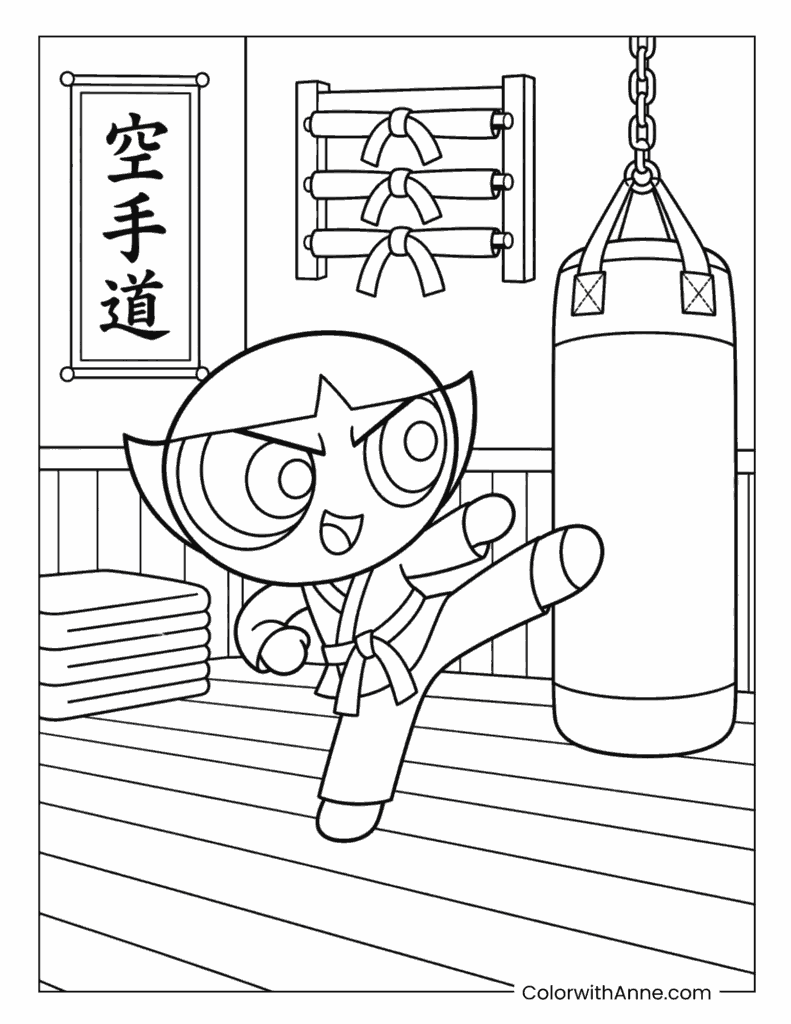 Buttercup Practicing Karate at the Training Gym Coloring Page