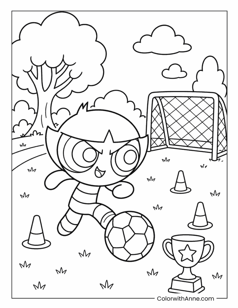 Buttercup Practicing Soccer Near the Goal Coloring Page