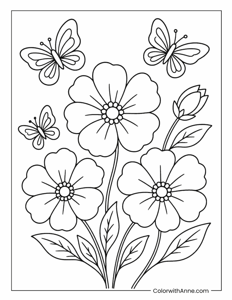 Butterflies and Spring Flowers Coloring Page