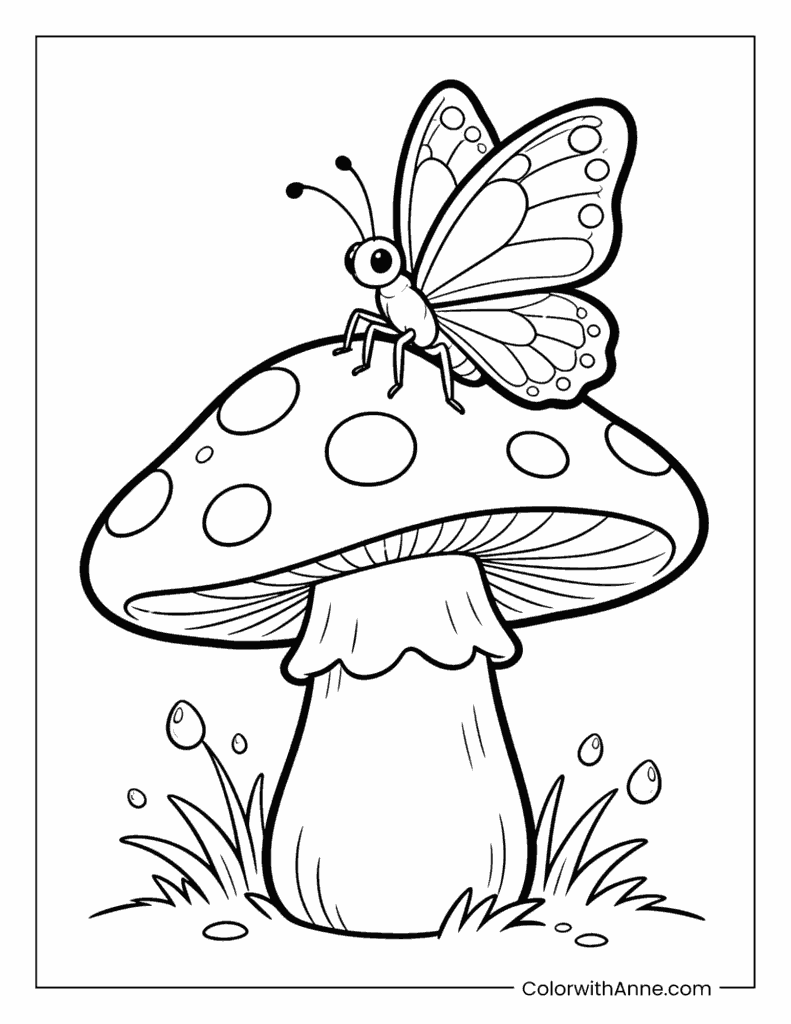 Butterfly Resting on a Spotted Mushroom Coloring Page