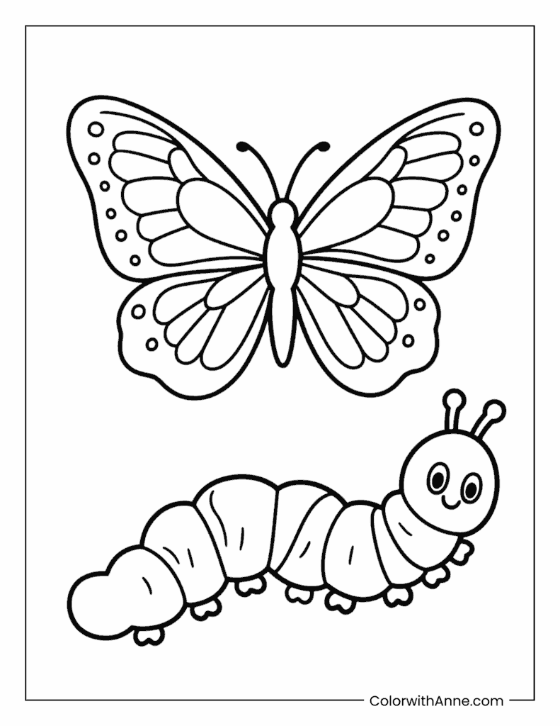 Butterfly and Caterpillar Coloring Page