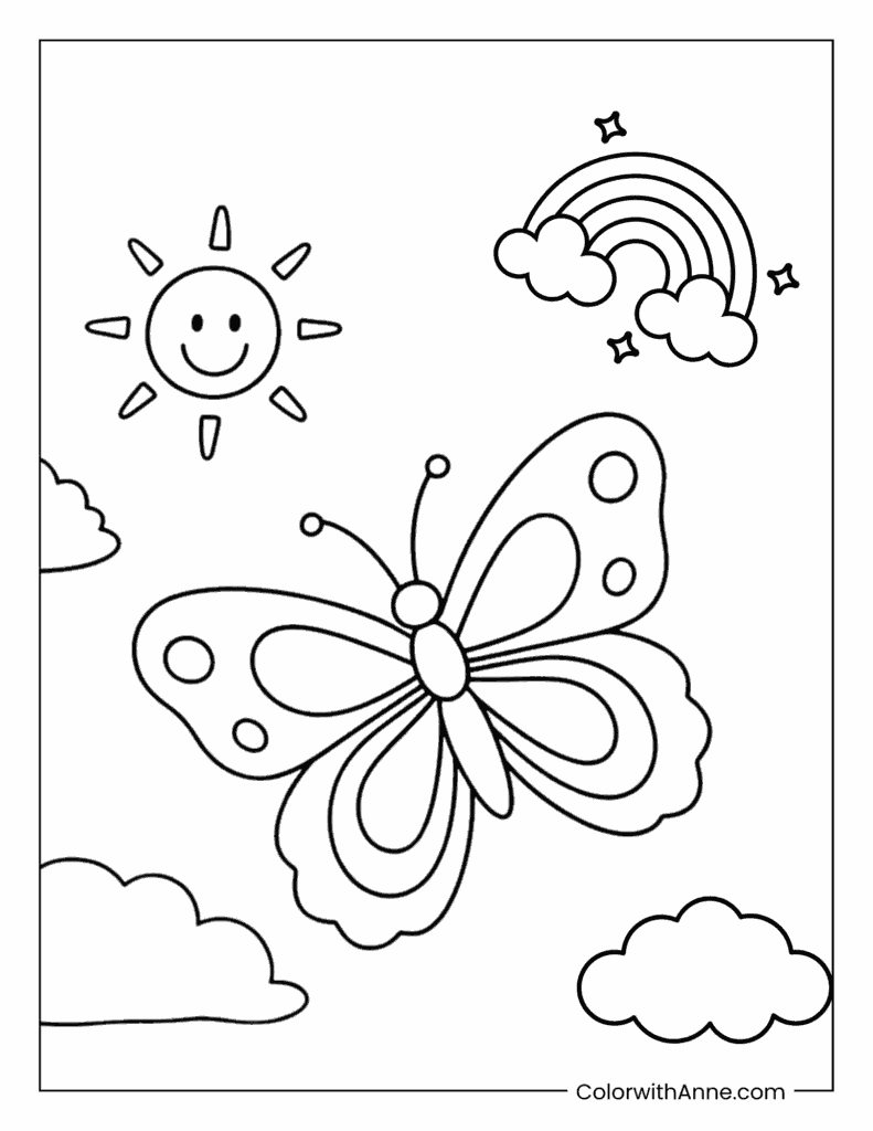 Butterfly and Sunshine Coloring Page