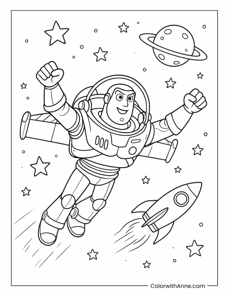 Buzz Lightyear Blasting Off in Outer Space Coloring Page