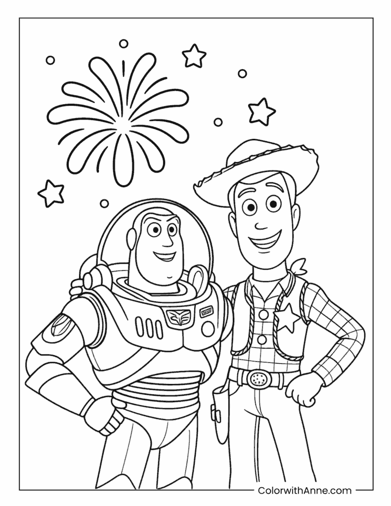 Buzz and Woody Celebrate Under Fireworks Coloring Page
