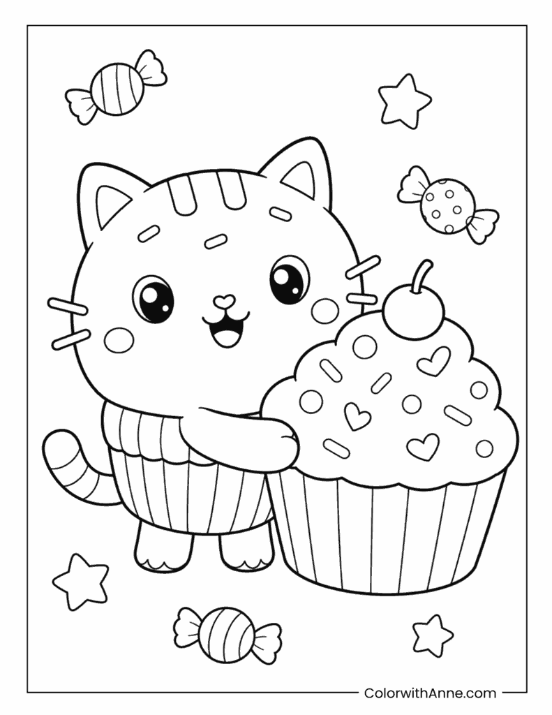 Cakey Cat Hugging a Giant Cupcake Coloring Page