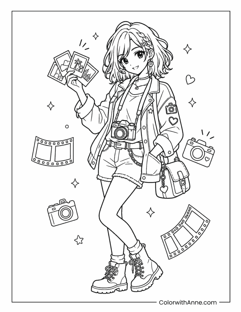 Camera Lover Anime Girl Coloring Page