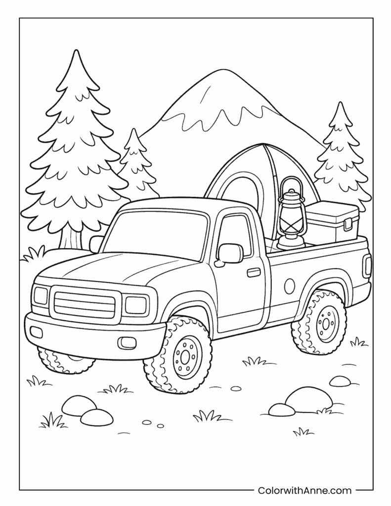 Camping Pickup Truck At Mountain Campsite Coloring Page